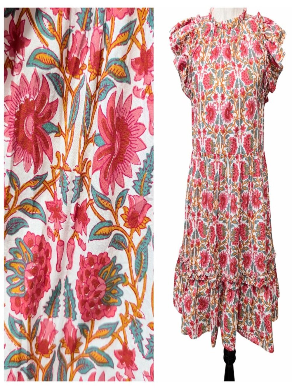 Caroline Costas Womens Size M Pink Floral Print Cotton Flutter Sleeve MIni Dress